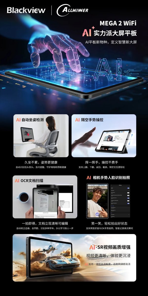 申宝策略 全志科技联手Blackview发布AI智能“芯”平板MEGA 2 WiFi，迈入隔空手势操作AI“芯”纪元